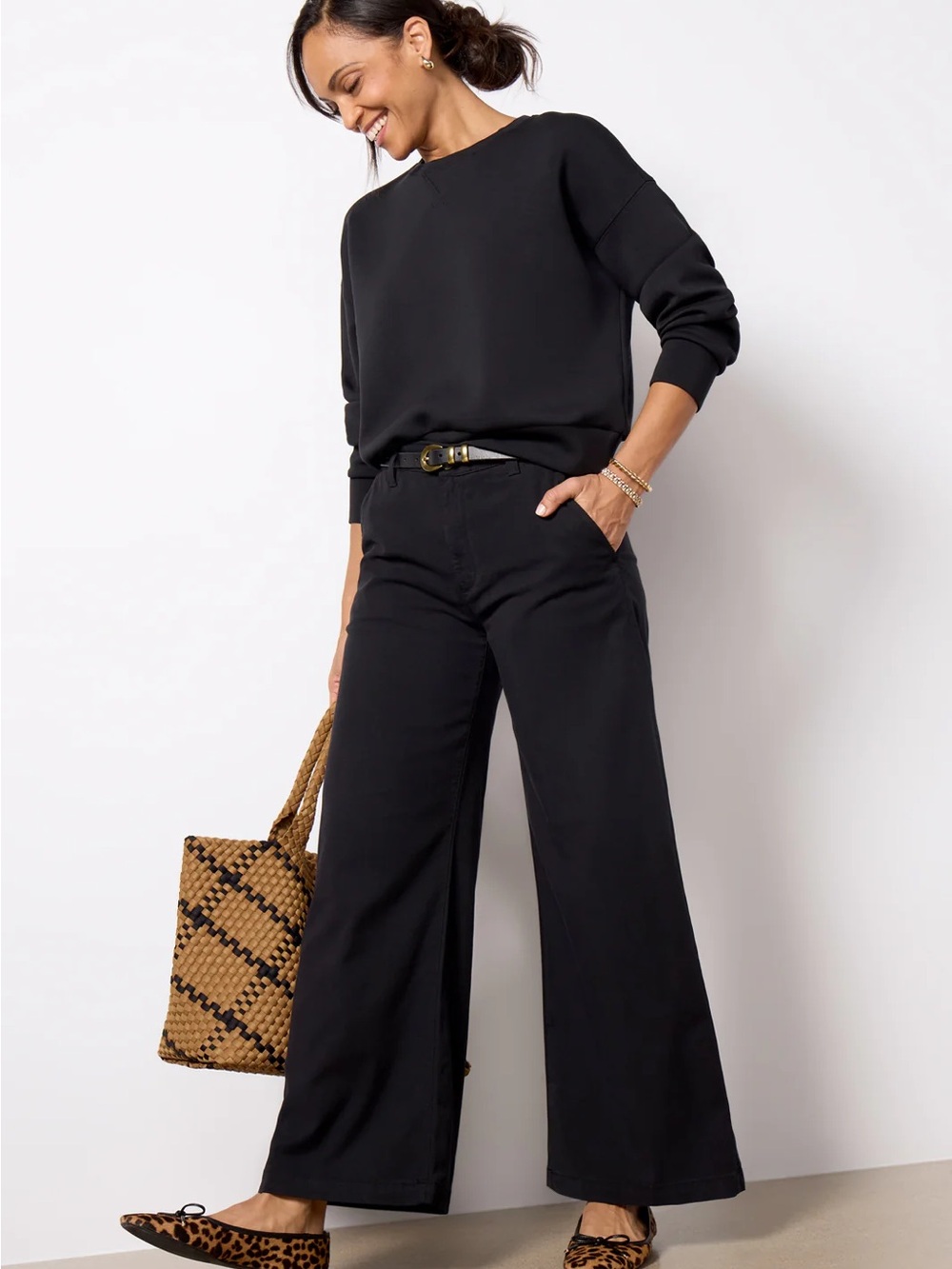 EVEREVE Women's Black Wide-Leg Pants, Button Zip, Flat Front, 36"‎ Inseam, Solid